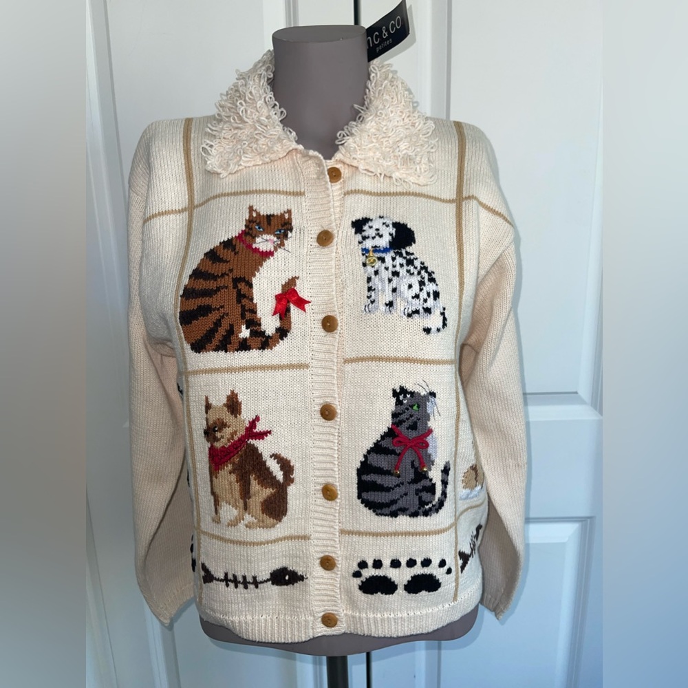 Vintage M.C &‎ Co. Women’s Cat & Dog Cardigan New with Tags Petite Small
